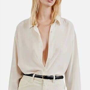 Nili Lotan 100% Silk Buttondown Julien Oversize Shirt Sz Small Tan Long Sleeve